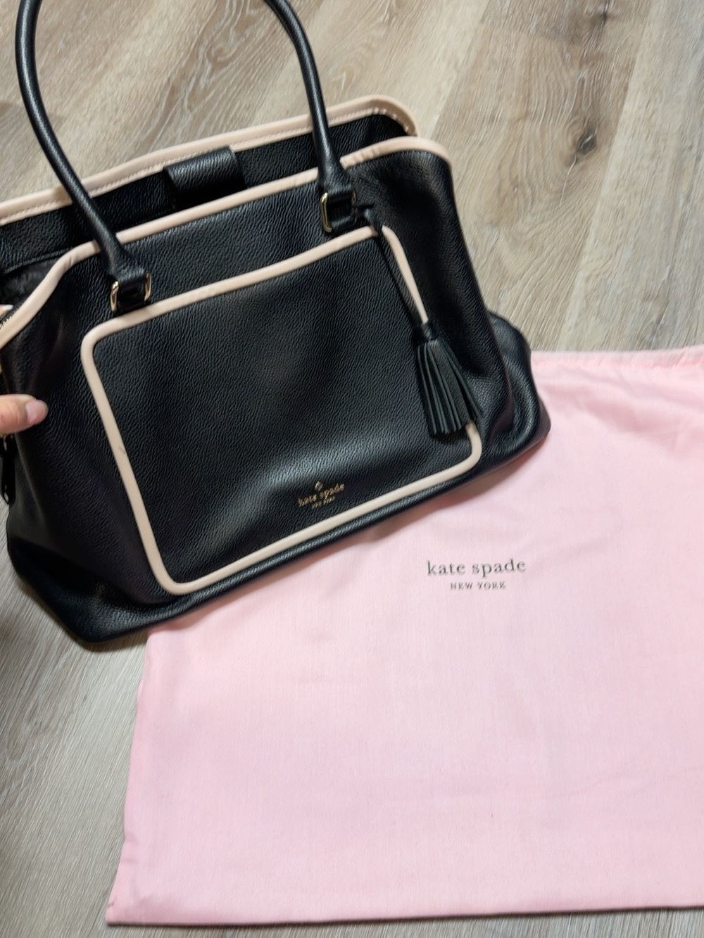 Kate Spade WKRU5387 Black Leather Satchel Blush Pink Trim